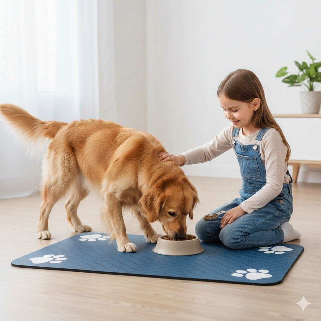 Antislip hondenmat en kattenmat voor voerbakken, voorkomt schuiven en beschermt de vloer. Makkelijk schoon te maken.