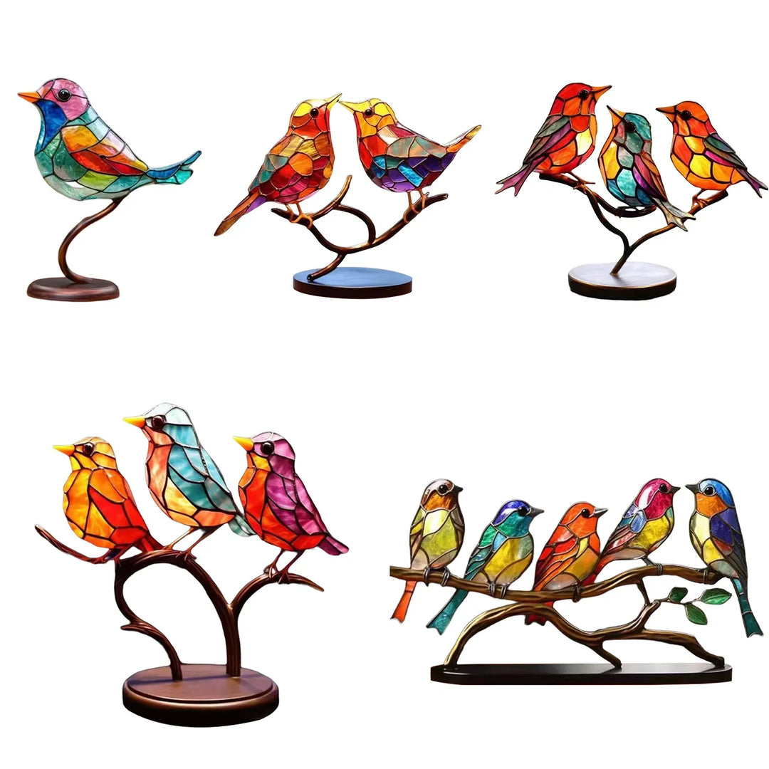 Acryl vogels op tak beeld, elegante woondecoratie. Kunstzinnige sculptuur voor elk interieur.