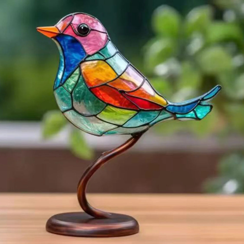 Kunstzinnig acryl vogelbeeldje, transparante vogels op tak sculptuur. Sierlijke interieur kunst.