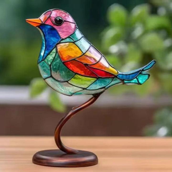Kunstzinnig acryl vogelbeeldje, transparante vogels op tak sculptuur. Sierlijke interieur kunst.