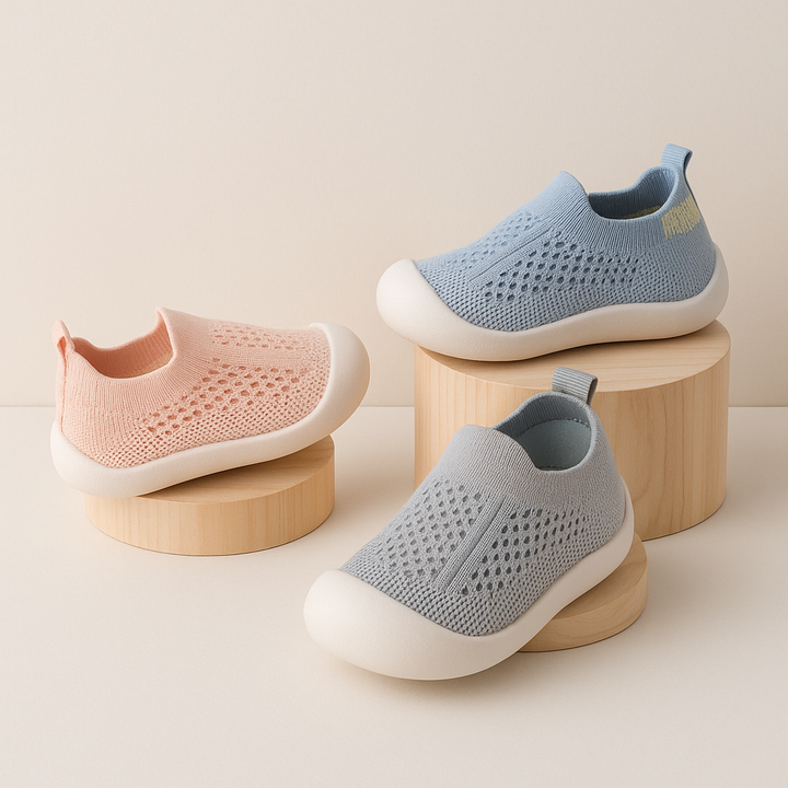 "Ademende kindersneakers met antislipzolen in pastelkleuren. Comfortabele schoenen voor avontuurlijke kinderactiviteiten."