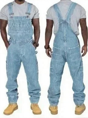 Comfortabele donkerblauwe heren denim overall, robuust en stijlvol voor moderne werkkleding en casual gebruik.