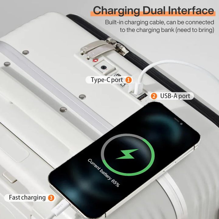 Handbagage aluminium koffer met USB-poort, perfect voor korte vakanties en zakenreizen.