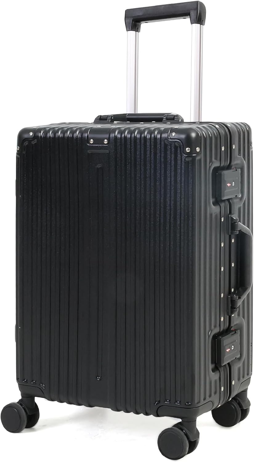 Aluminium reiskoffer met TSA-slot en stille wielen, ideaal voor handbagage.