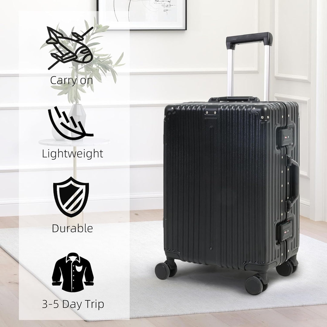 Harde koffer met aluminium frame, TSA-slot en soepel rollende stille wielen; geschikt als handbagage.