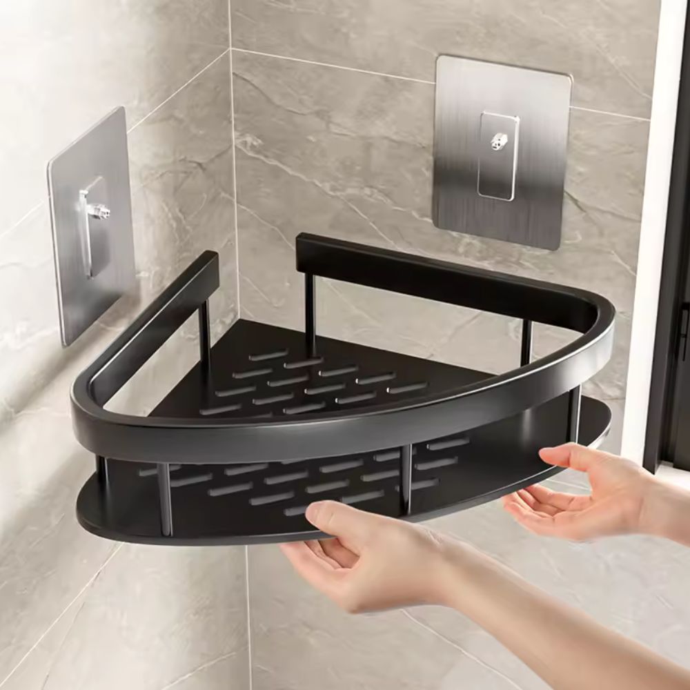 Aluminium zelfklevende doucheplank; modern badkamer opbergrek voor shampoo en zeep.