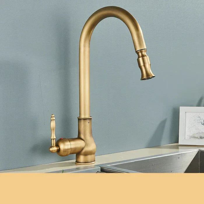 Vintage keukenkraan in mat zwart met antiek messing details. Een retro touch voor elke moderne keuken.