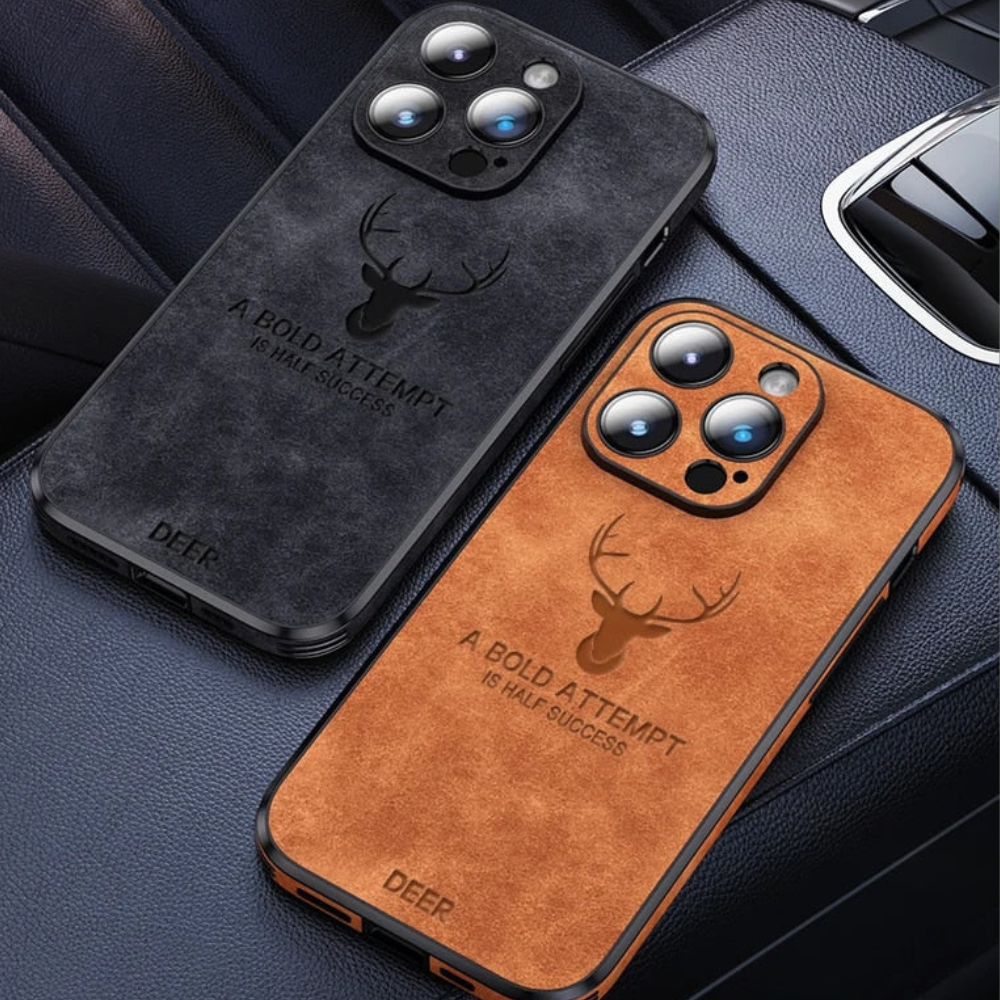 Anthraciet zwart leren iPhone hoesje, subtiele luxe en krasbestendig.