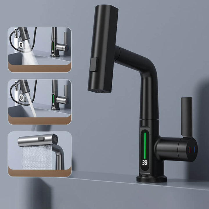 AquaPrestige uittrekbare keukenkraan met digitaal temperatuurdisplay, modern chroom design.