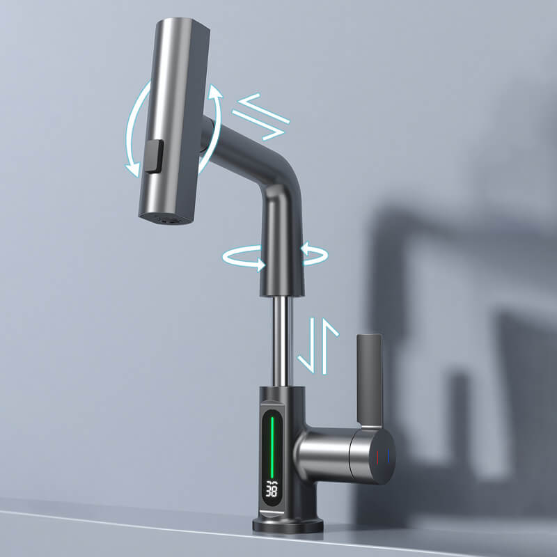 AquaPrestige mengkraan met uittrekbare sproeier, perfect voor keuken, inclusief temperatuurdisplay.