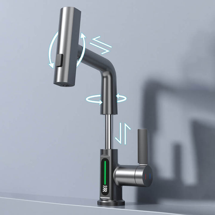 AquaPrestige mengkraan met uittrekbare sproeier, perfect voor keuken, inclusief temperatuurdisplay.