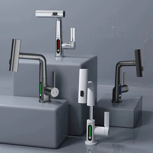 AquaPrestige flexibele keukenkraan met temperatuurdisplay, 5 spuitmodi en modern chroom afwerking.