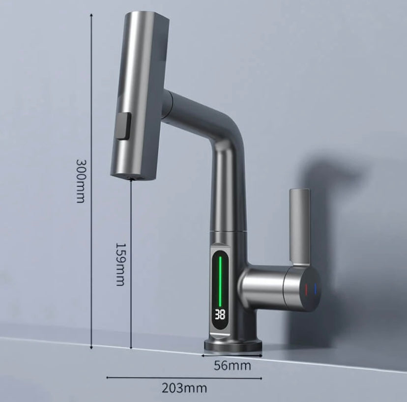 Slimme AquaPrestige uittrekbare kraan, display toont temperatuur, waterbesparend voor elke moderne keuken.