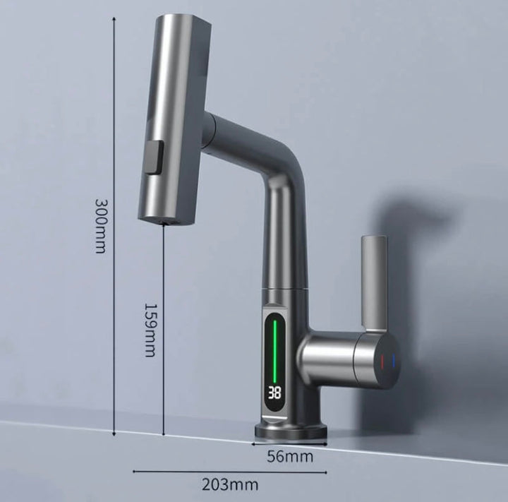 Slimme AquaPrestige uittrekbare kraan, display toont temperatuur, waterbesparend voor elke moderne keuken.