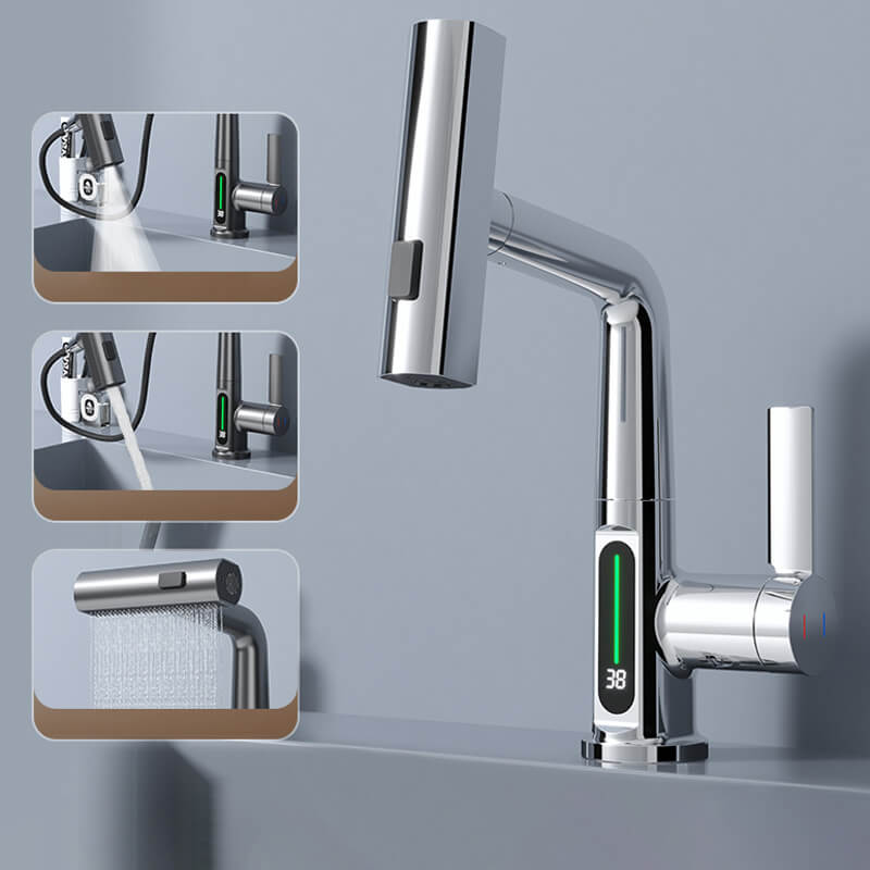 Flexibele AquaPrestige mengkraan met uittrekbare sproeikop en display, ideaal voor keuken of badkamer.