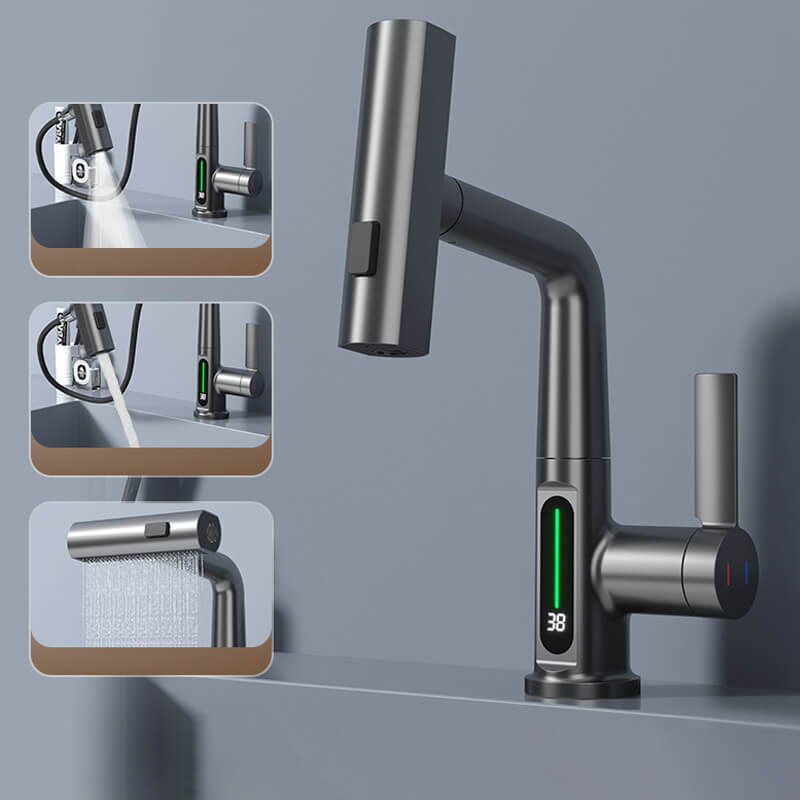 Zwarte AquaPrestige slimme keukenkraan met temperatuurdisplay, waterbesparend en energiezuinig.
