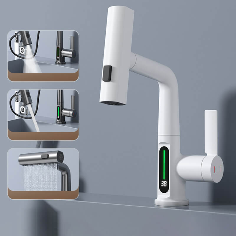 Moderne AquaPrestige keukenkraan, uittrekbaar met 5 spuitmodi en digitaal temperatuurdisplay.