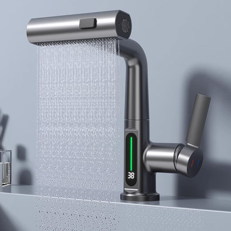 Waterbesparende AquaPrestige keukenkraan, uittrekbaar met digitale temperatuurweergave en chroom afwerking.