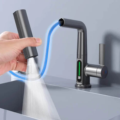 AquaPrestige flexibele mengkraan voor wastafel, uittrekbaar met slim display en 5 spuitmodi.