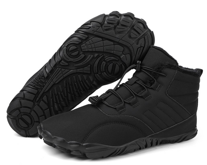 "ArcticBare Flex winter barefoot schoenen, antislip, waterdicht, uniseks, outdoor, zwart met rubberen zolen."