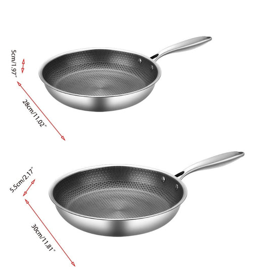 Universele roestvrijstalen koekenpan met ergonomische handgreep en anti-aanbaklaag, ideaal voor comfortabel koken.