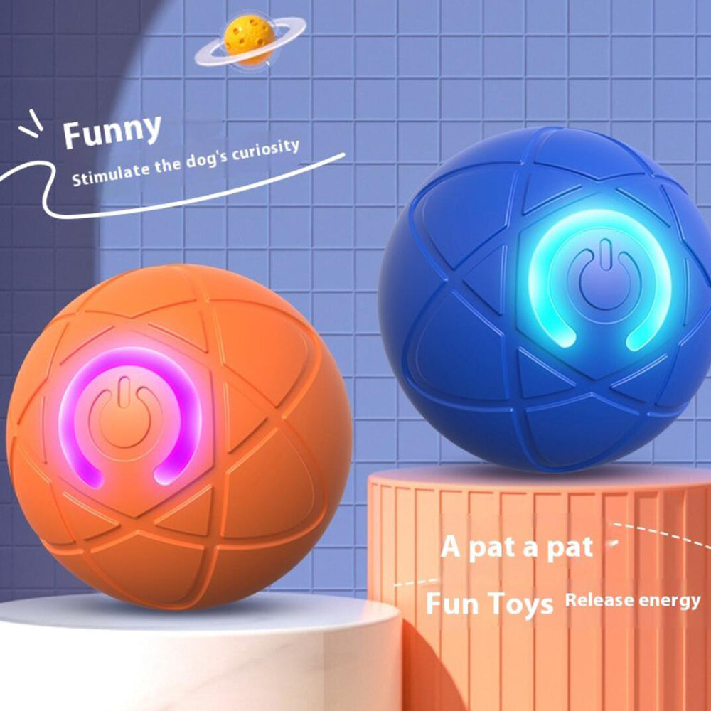 Actieve hond speelt met een automatisch rollende, springende interactieve LED-speelbal van rubber.