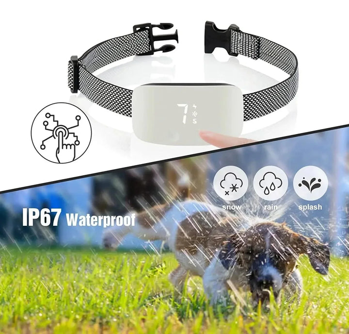 Complete set: Automatische anti-blafhalsband, USB-oplaadkabel en handleiding voor hondentraining.