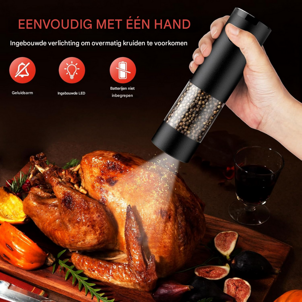 Draadloze zout- en pepermolen set voor moeiteloos kruiden malen. Modern design voor elke keuken.