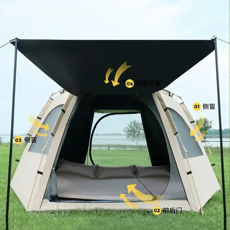 Pop-up familietent met snelle opzet, ideaal voor kamperen. Biedt UV- en waterdichte bescherming.
