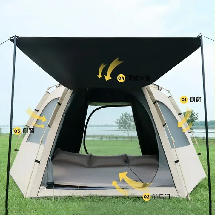 Pop-up familietent met snelle opzet, ideaal voor kamperen. Biedt UV- en waterdichte bescherming.