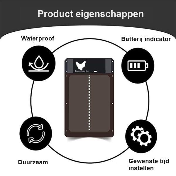 Veilige en weerbestendige automatische kippendeur (bruin) met lichtsensor; optimale pluimvee bescherming.