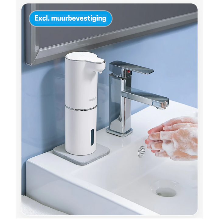 Luxe schuimzeepdispenser, automatisch en contactloos, voor een zachte handwaservaring.