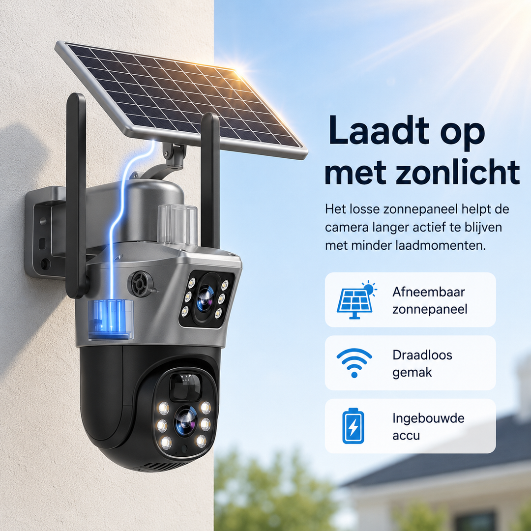 Illustratie van de DualGuard Solar 4K camera die oplaadt via zonlicht en draadloos werkt