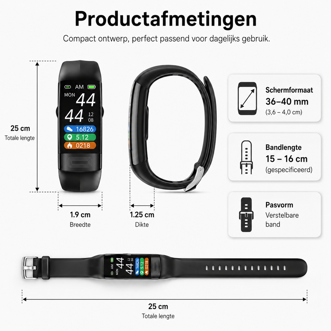 Unisex fitness tracker slimme armband om de pols, toont hartslag en stappen tijdens workout.