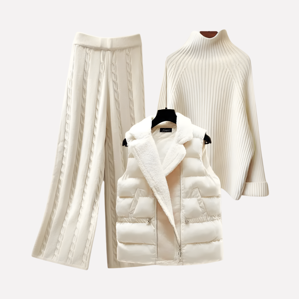 Beige dames 3-delige set met comfortabele turtleneck, broek en gevoerd vest voor casual gecoördineerde lagen.