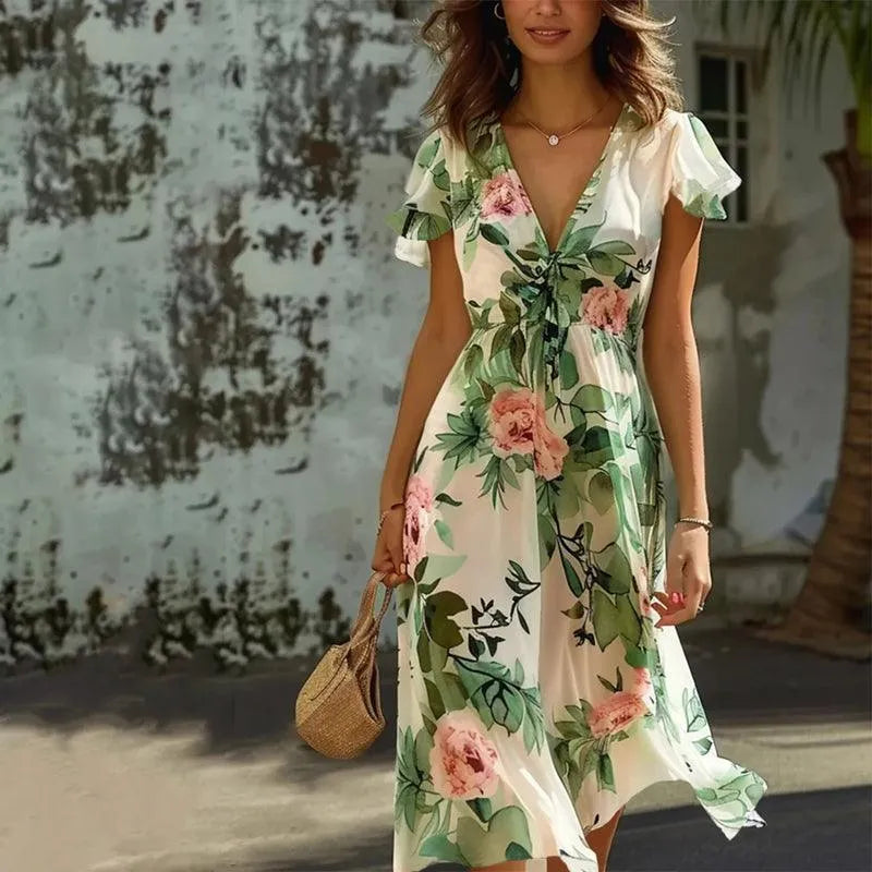 Beige dames bloemen V-hals midi jurk, perfect als luchtige zomerjurk of elegante feestjurk.