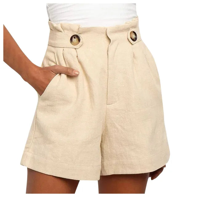 Beige dames high waist zomershorts met wijde pijpen, comfortabel en casual. Ideaal voor zomer en strand.