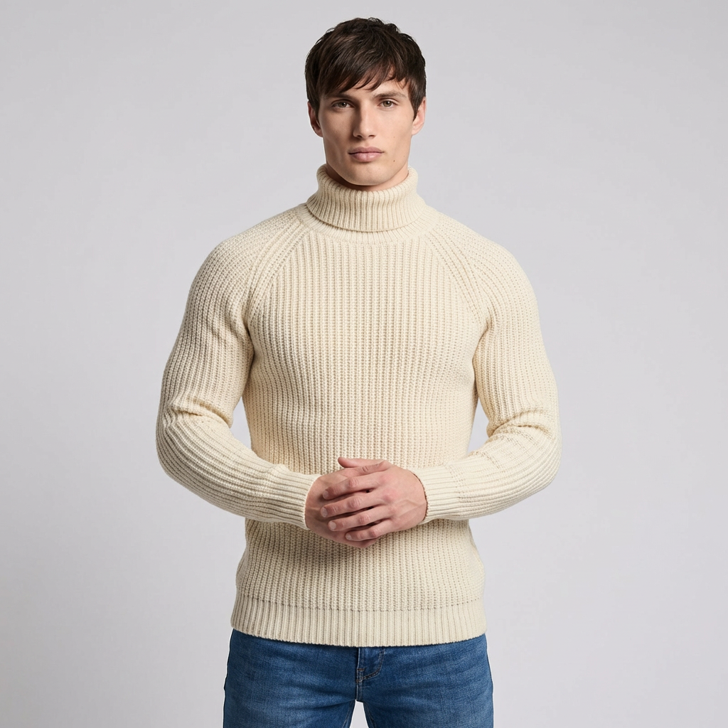 Beige heren turtleneck trui van breisel voor winter. Comfortabel & elegant voor casual herenmode.