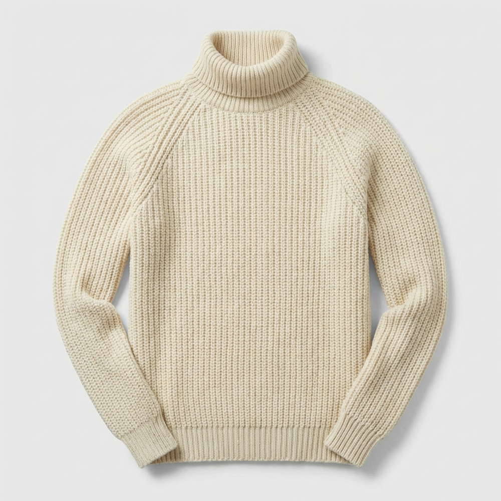 Warme beige gebreide heren coltrui, perfect voor wintermode. Comfortabele en elegante casual heren trui.