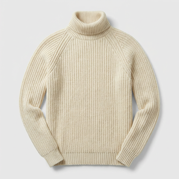 Warme beige gebreide heren coltrui, perfect voor wintermode. Comfortabele en elegante casual heren trui.