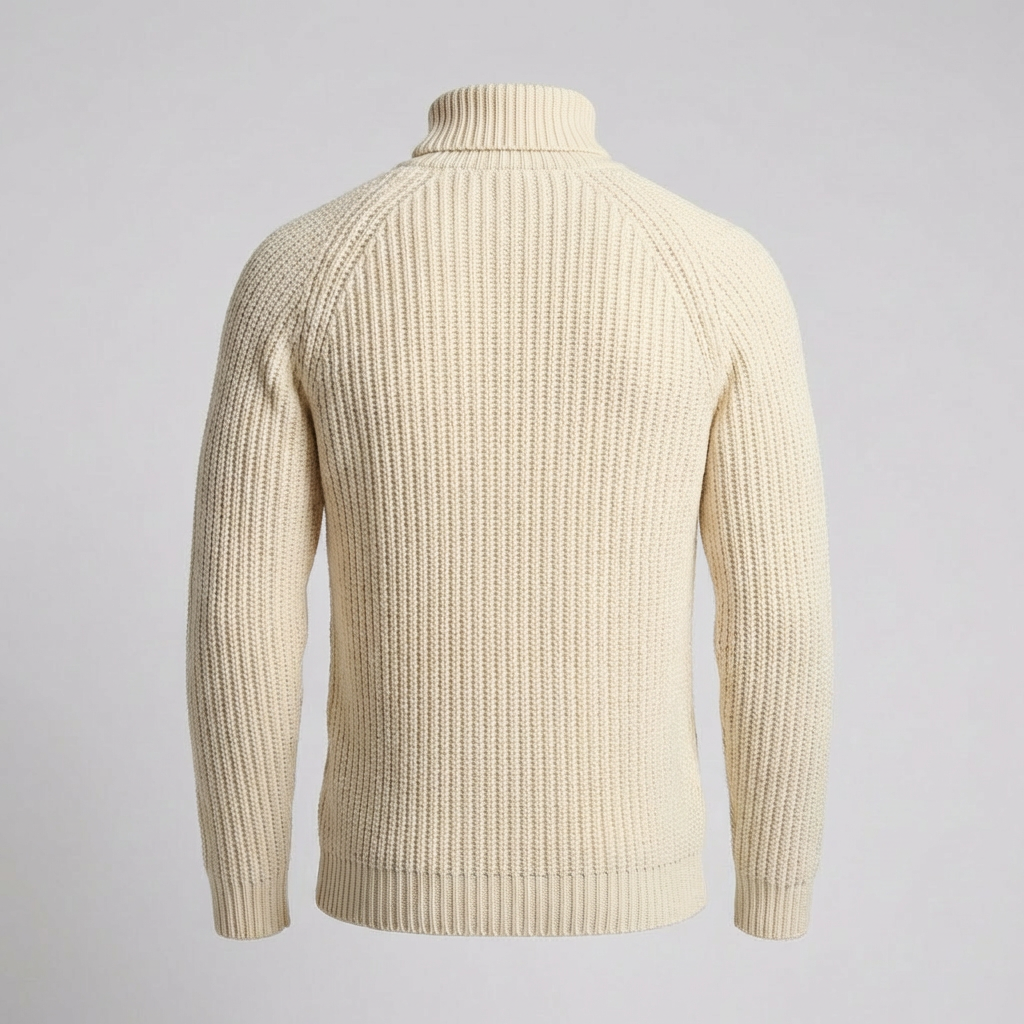 Tijdloze heren turtleneck breisel trui in beige. Biedt warmte en comfort, essentieel voor winterse herenmode.