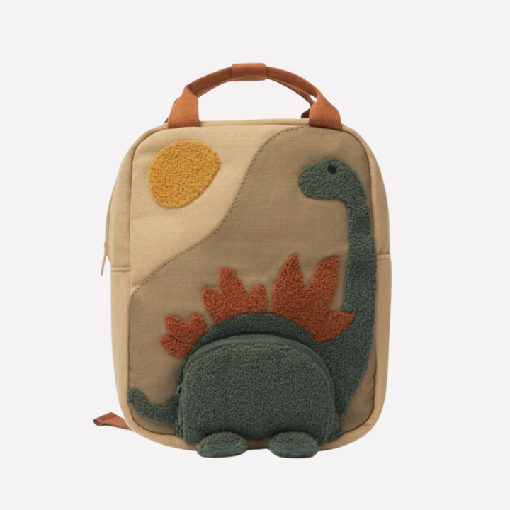 Beige kinderrugzak met speels design, ideaal voor jongens en meisjes naar school, reizen of daguitstapjes.