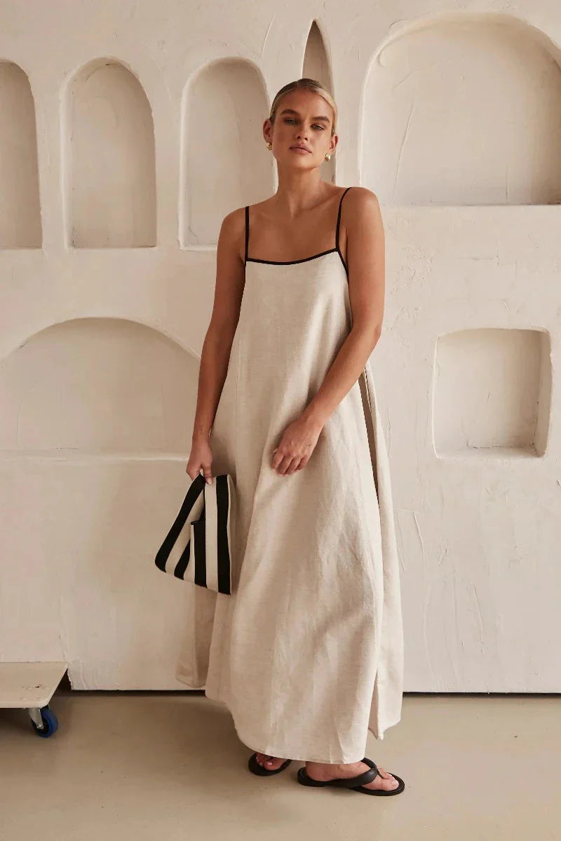Beige linnenlook maxi jurk dames, mouwloos, perfect voor een boho zomerlook.