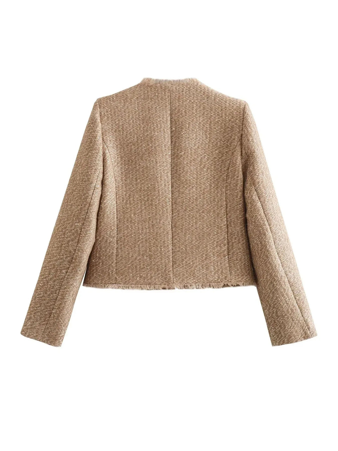 "Beige Sarah tweed jasje met gouden knopen, klassieke stijl, elegant en veelzijdig voor dameskleding."