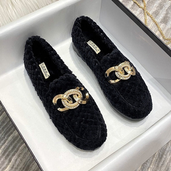Zwarte dames winter loafers met pluche binnenkant en metalen schakel