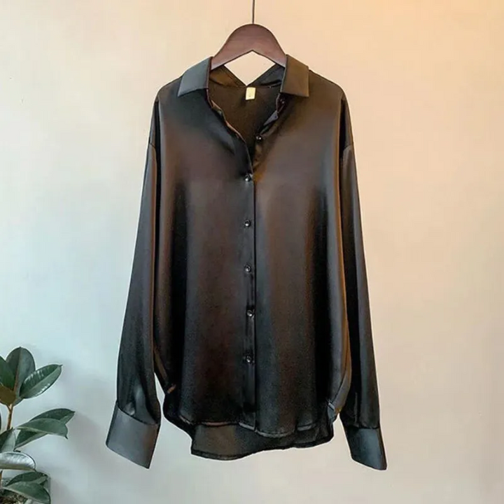 Zwarte dames retro blouse met knopen en kraag