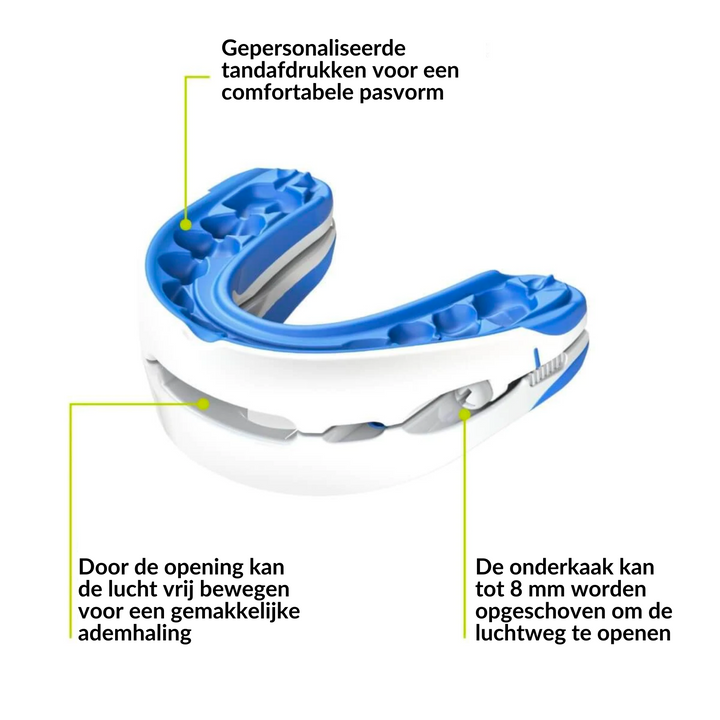 Anti-snurk beugel klaar voor gebruik op nachtkastje. Voor een frisse start na een rustige nacht.