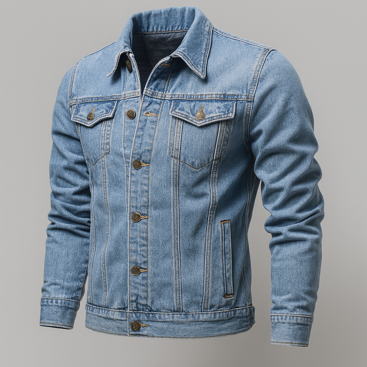 Comfortabel zwart heren denim jack, trendy truckerjack in spijkerstof, perfect voor modebewuste casual look.