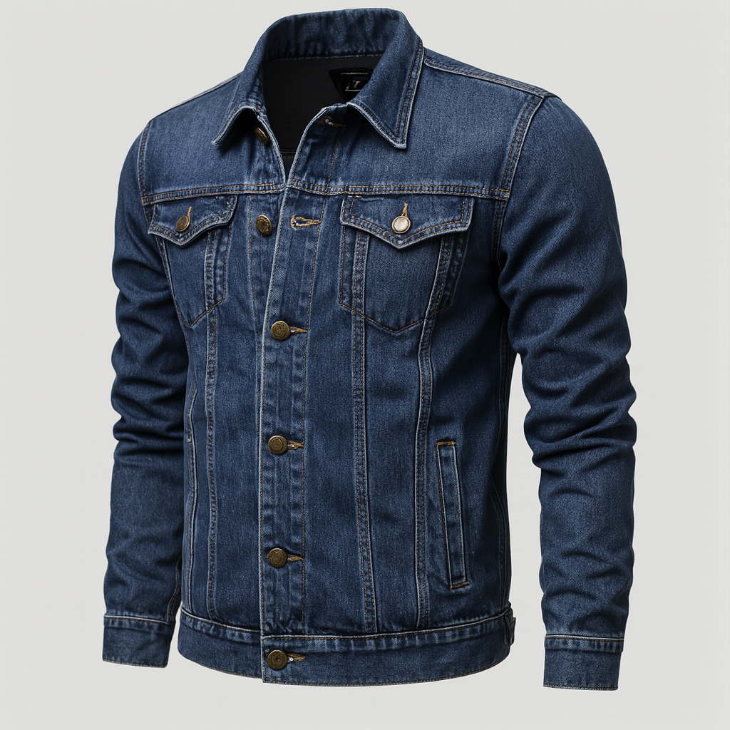 Donkerblauw heren spijkerjack, klassiek denim truckerjack, veelzijdige bovenkleding voor tijdloze herenmode.