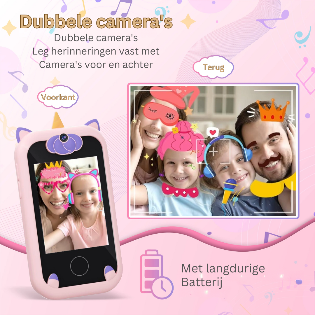 Roze KiddieClick kindercamera; educatief speelgoed met MP3 speler. Stimuleert creativiteit bij kids.